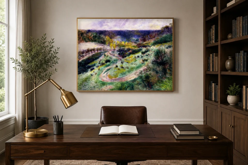 Framed print of Road at Wargemont hanging on a wall in a furnished room