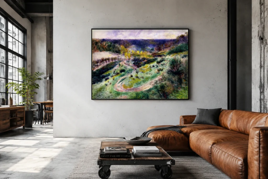 Framed print of Road at Wargemont hanging on a wall in a furnished room