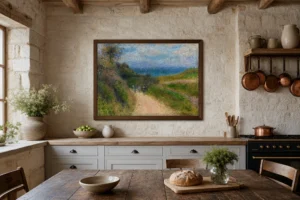 Framed print of Road to Berneval hanging on a wall in a furnished room