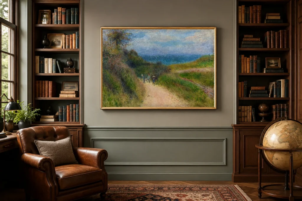 Framed print of Road to Berneval hanging on a wall in a furnished room