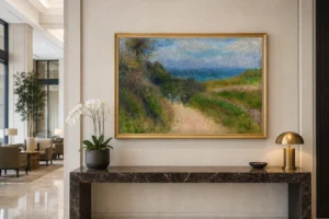 Framed print of Road to Berneval hanging on a wall in a furnished room