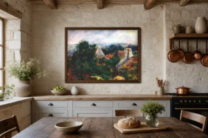 Framed print of Roche-Goyon hanging on a wall in a furnished room