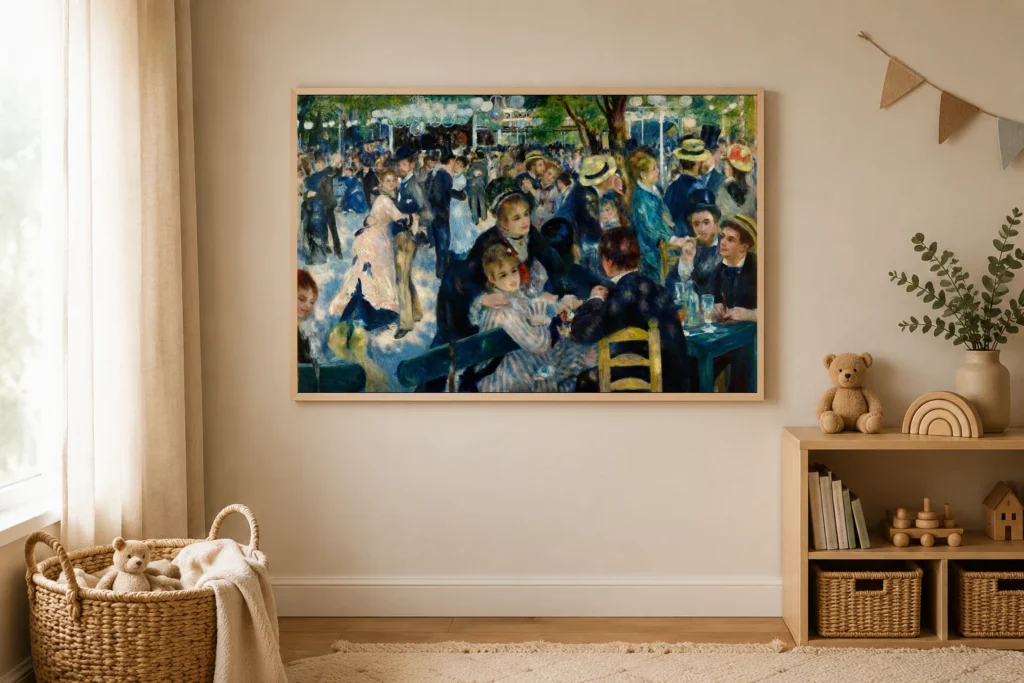 Framed print of Bal du moulin de la Galette hanging on a wall in a furnished room