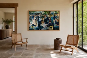 Framed print of Bal du moulin de la Galette hanging on a wall in a furnished room