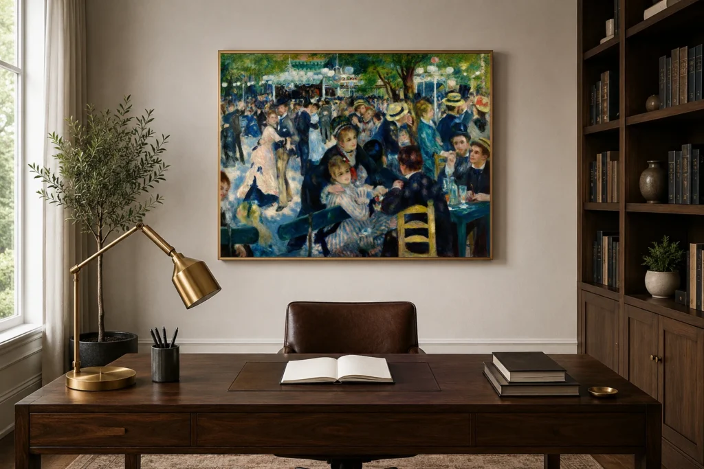 Framed print of Bal du moulin de la Galette hanging on a wall in a furnished room