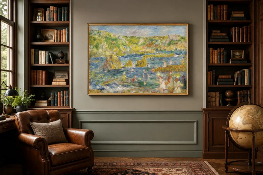 Framed print of Rocks at Guernesey with Figures (Beach at Guernesey) hanging on a wall in a furnished room