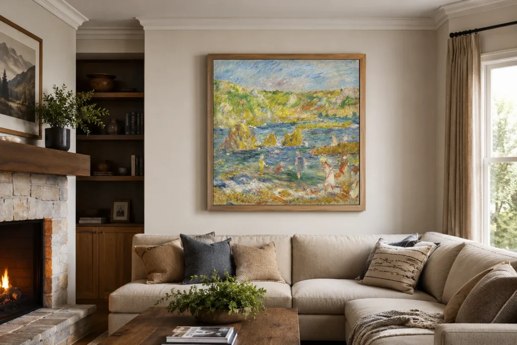 Framed print of Rocks at Guernesey with Figures (Beach at Guernesey) hanging on a wall in a furnished room