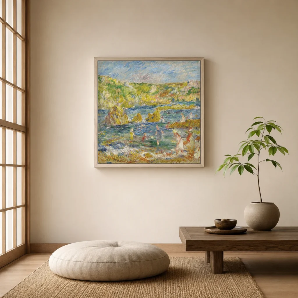 Framed print of Rocks at Guernesey with Figures (Beach at Guernesey) hanging on a wall in a furnished room