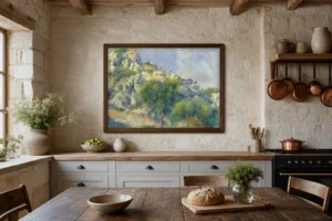 Framed print of Rocks at L’Estaque hanging on a wall in a furnished room