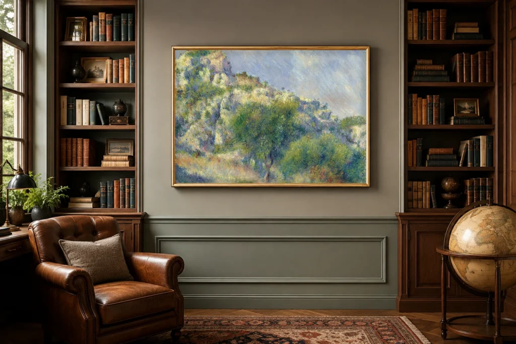 Framed print of Rocks at L’Estaque hanging on a wall in a furnished room