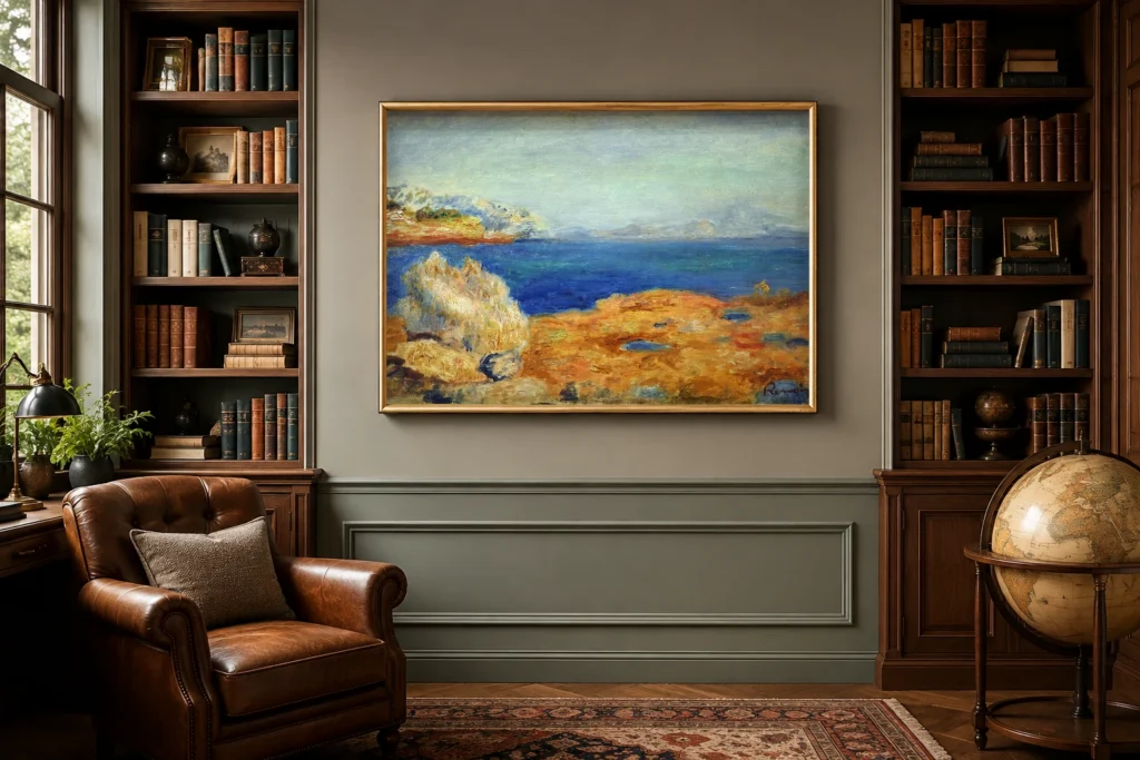 Framed print of Yellow Rocks with Blue Sea hanging on a wall in a furnished room