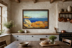 Framed print of Yellow Rocks with Blue Sea hanging on a wall in a furnished room