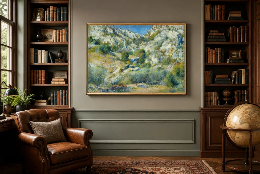 Framed print of Rocky Crags at L’Estaque hanging on a wall in a furnished room