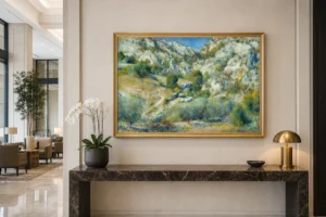 Framed print of Rocky Crags at L’Estaque hanging on a wall in a furnished room