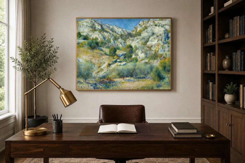 Framed print of Rocky Crags at L’Estaque hanging on a wall in a furnished room