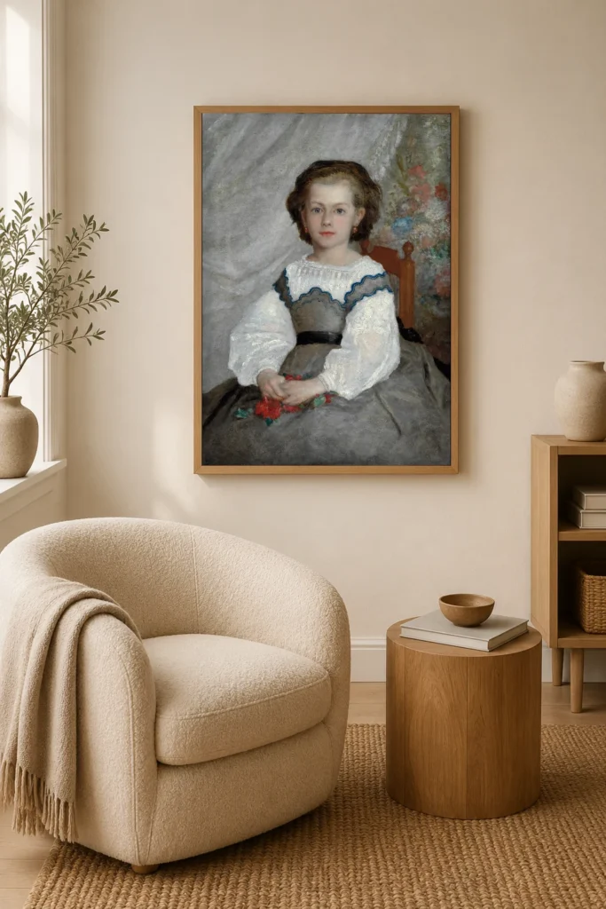 Framed print of Romaine Lacaux hanging on a wall in a furnished room