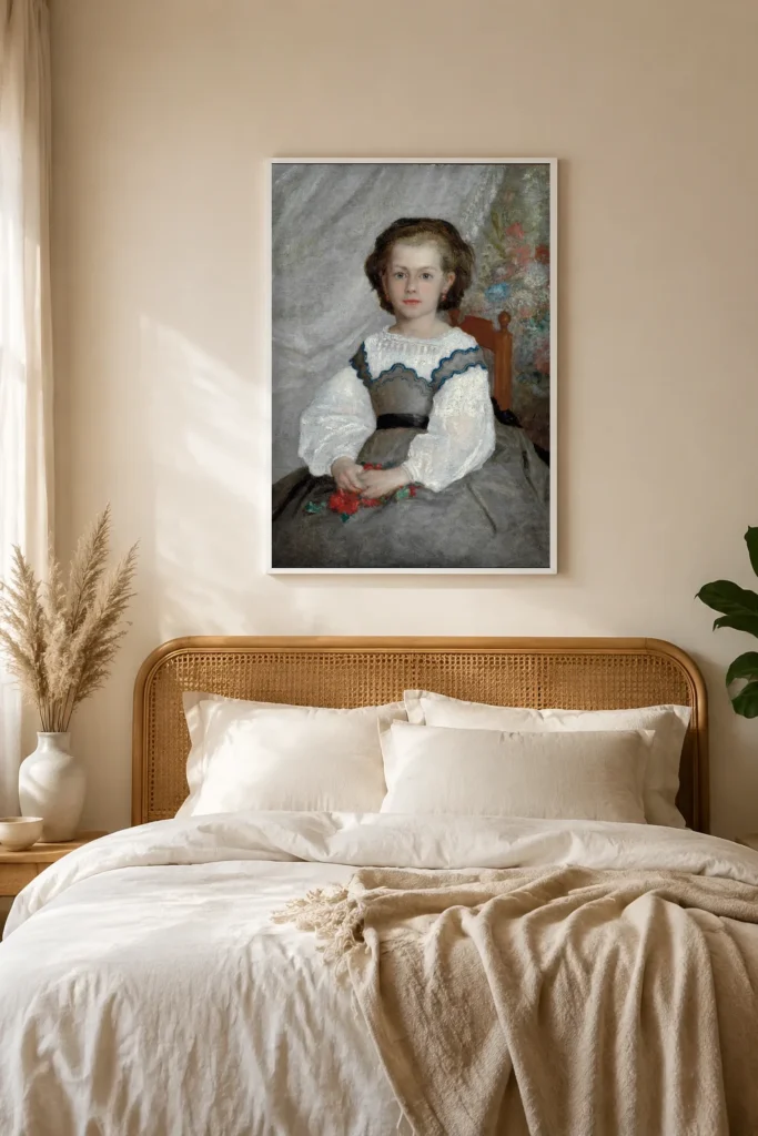 Framed print of Romaine Lacaux hanging on a wall in a furnished room