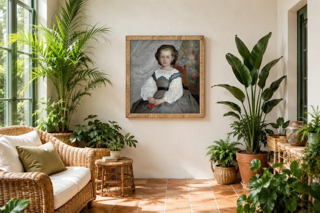 Framed print of Romaine Lacaux hanging on a wall in a furnished room