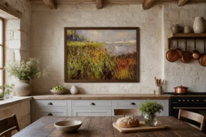 Framed print of Reeds on the Banks of the Seine hanging on a wall in a furnished room