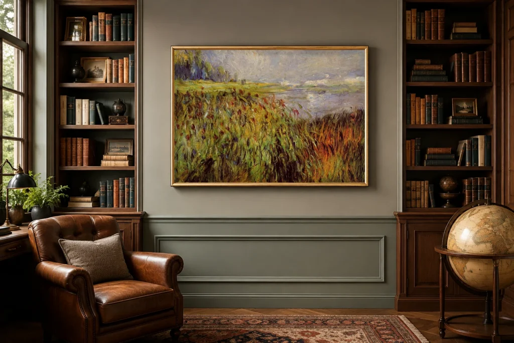Framed print of Reeds on the Banks of the Seine hanging on a wall in a furnished room