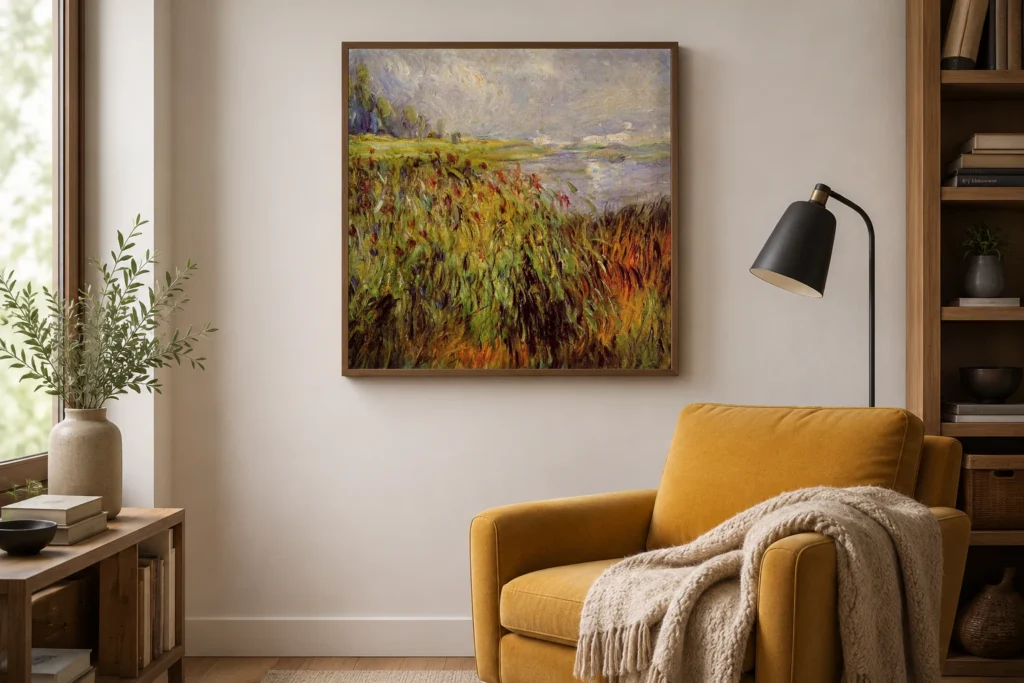 Framed print of Reeds on the Banks of the Seine hanging on a wall in a furnished room