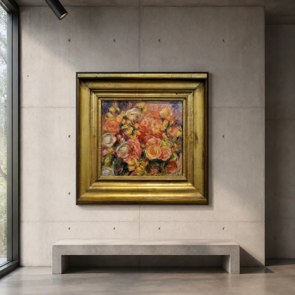 Framed print of Roses hanging on a wall in a furnished room