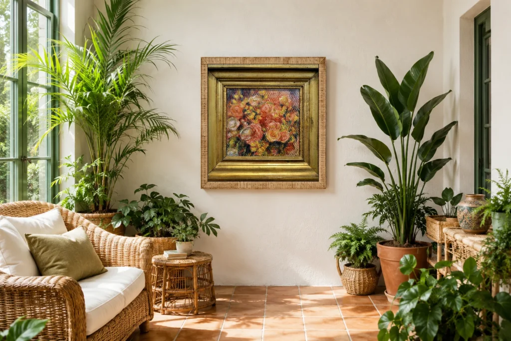 Framed print of Roses hanging on a wall in a furnished room