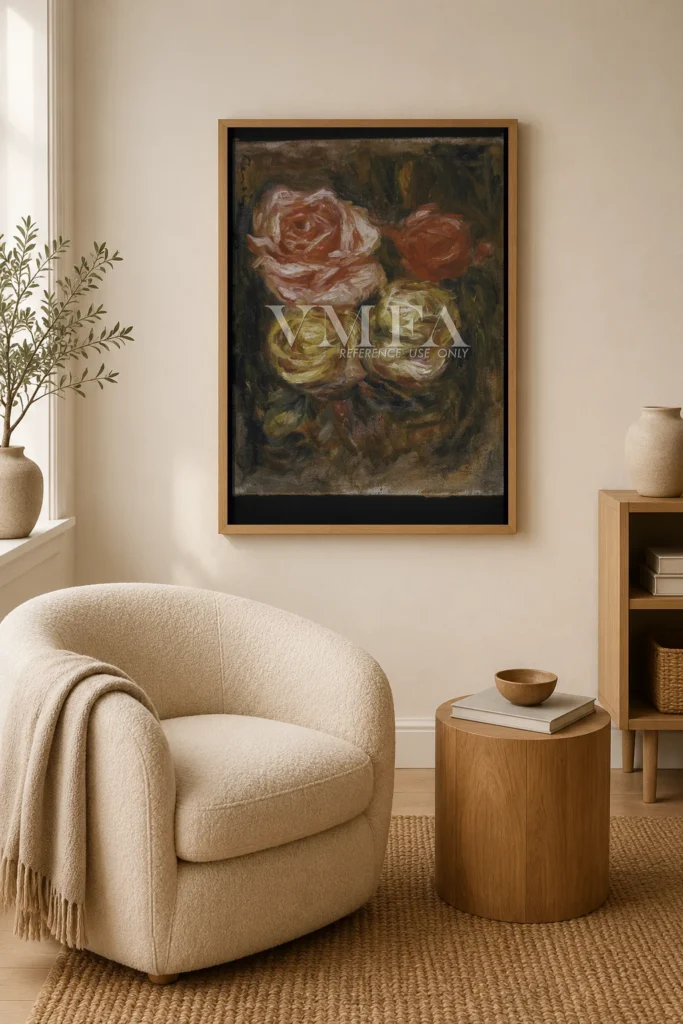 Framed print of Roses hanging on a wall in a furnished room