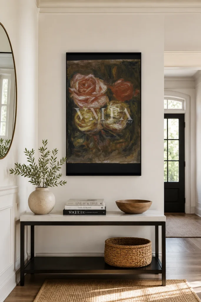 Framed print of Roses hanging on a wall in a furnished room