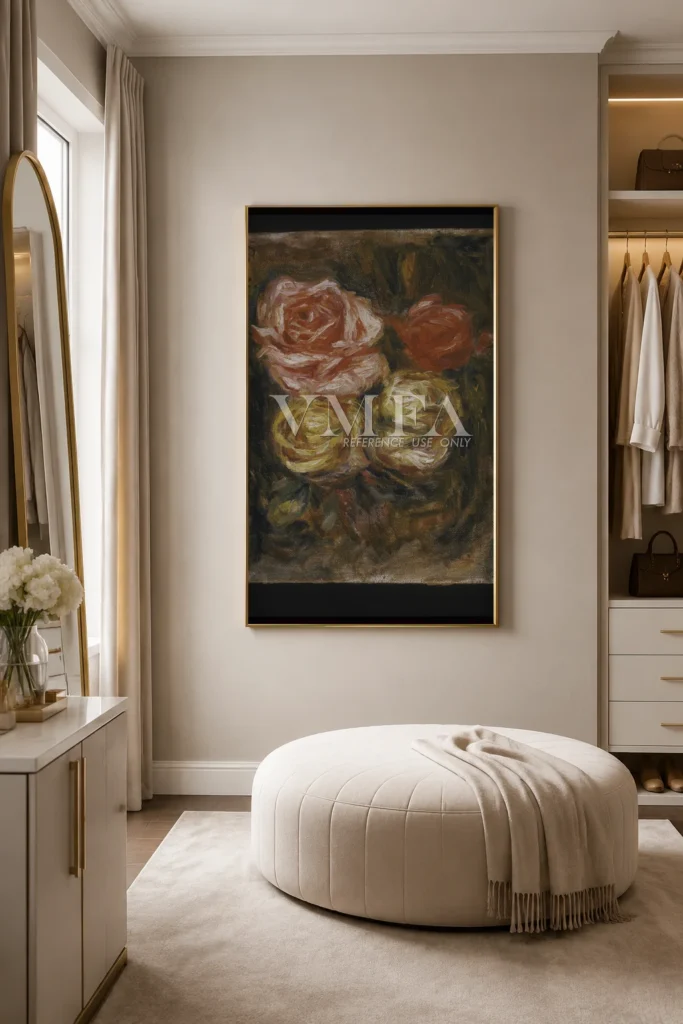 Framed print of Roses hanging on a wall in a furnished room