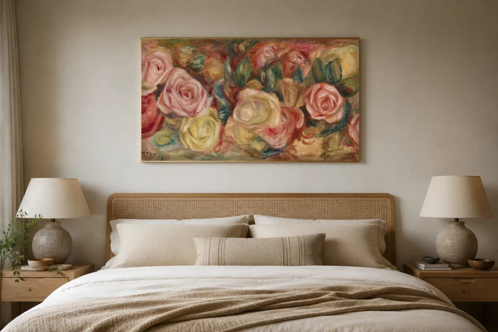Framed print of Roses (Roses) hanging on a wall in a furnished room