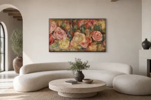 Framed print of Roses (Roses) hanging on a wall in a furnished room