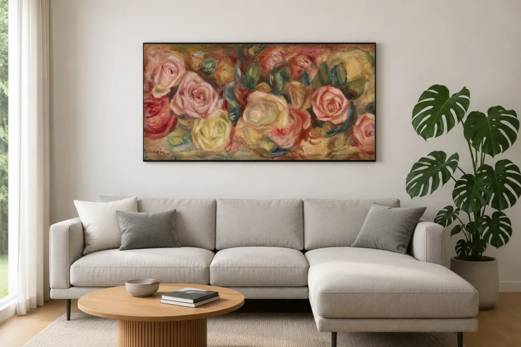 Framed print of Roses (Roses) hanging on a wall in a furnished room
