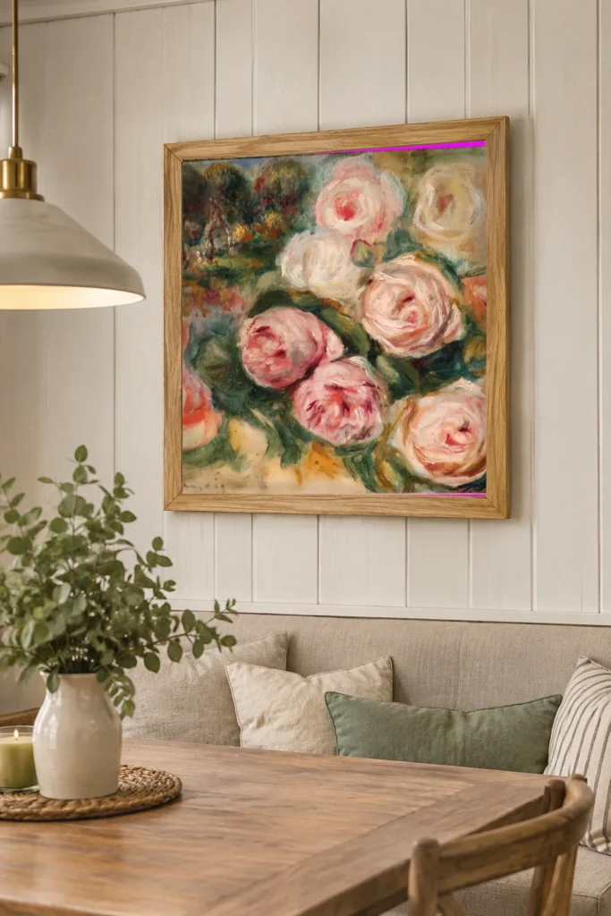 Framed print of Roses and Landscape hanging on a wall in a furnished room