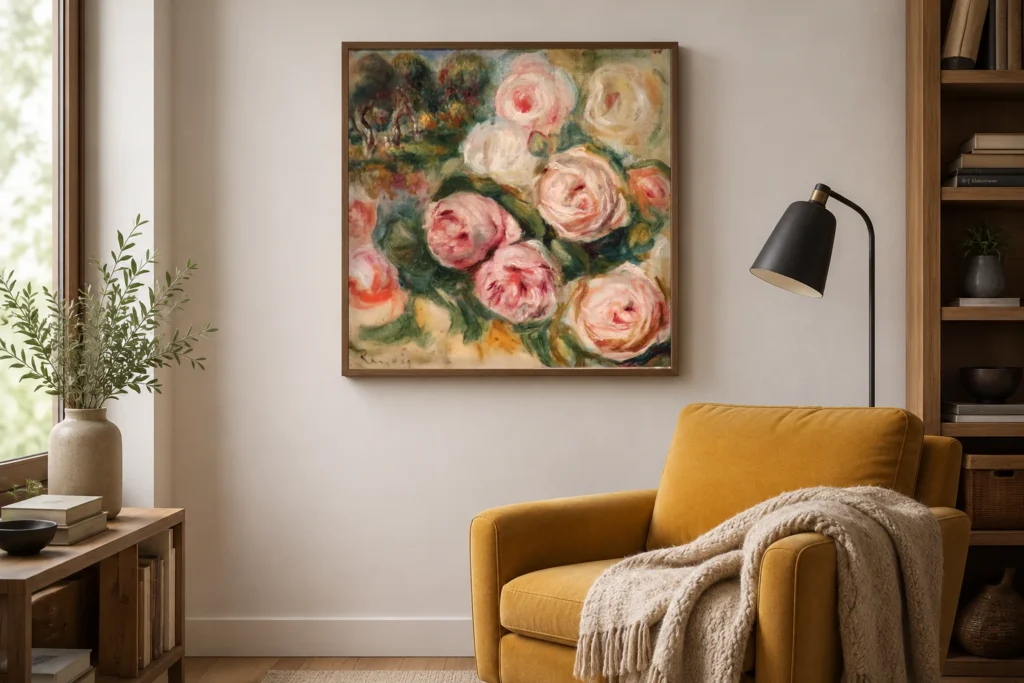 Framed print of Roses and Landscape hanging on a wall in a furnished room
