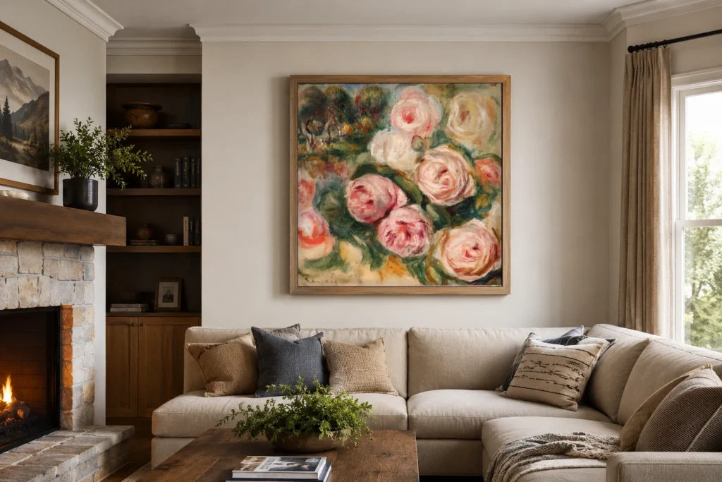 Framed print of Roses and Landscape hanging on a wall in a furnished room