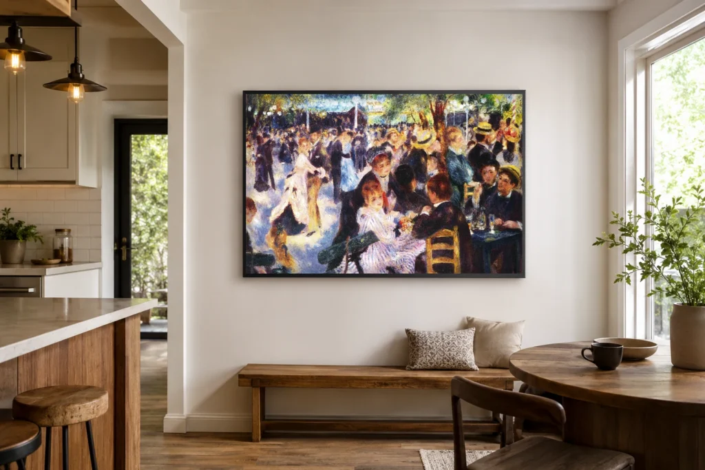 Framed print of Bal du moulin de la Galette hanging on a wall in a furnished room