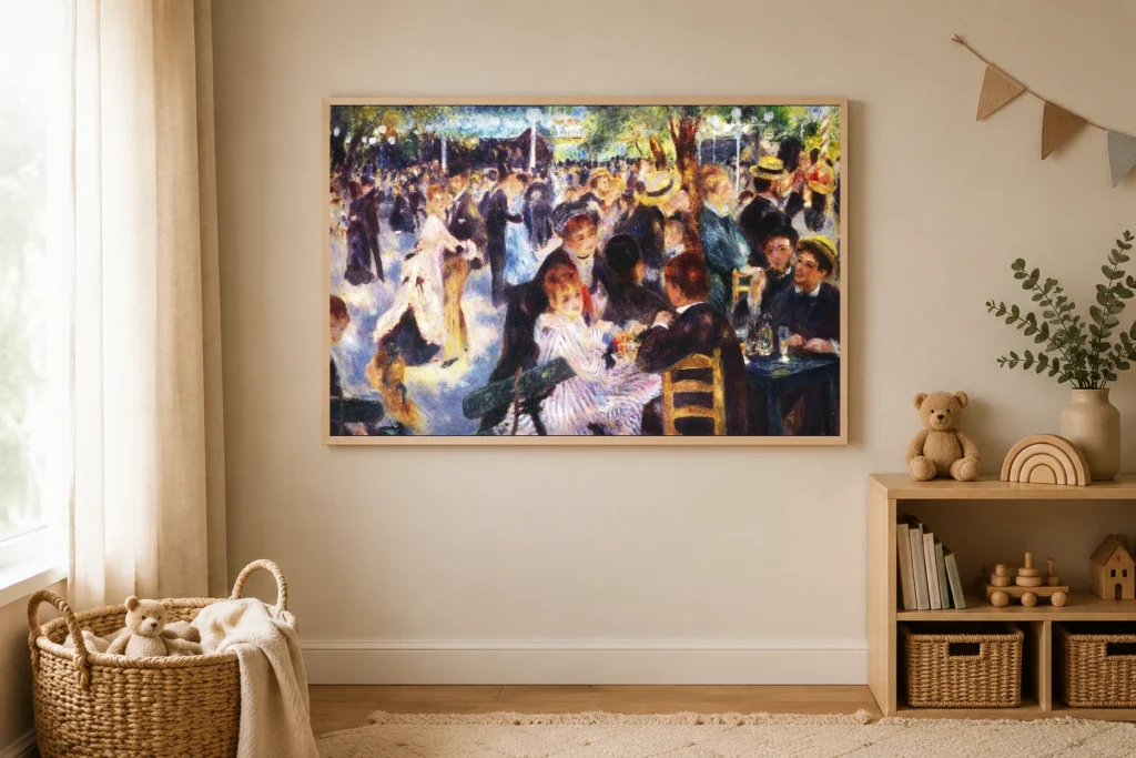 Framed print of Bal du moulin de la Galette hanging on a wall in a furnished room