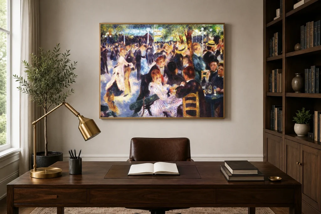 Framed print of Bal du moulin de la Galette hanging on a wall in a furnished room