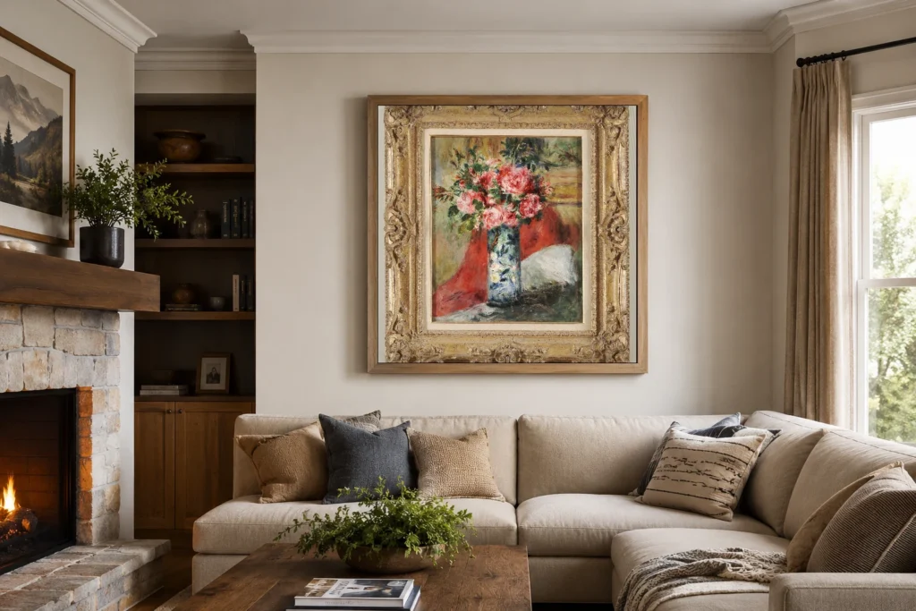 Framed print of Roses and Peonies in a Vase hanging on a wall in a furnished room