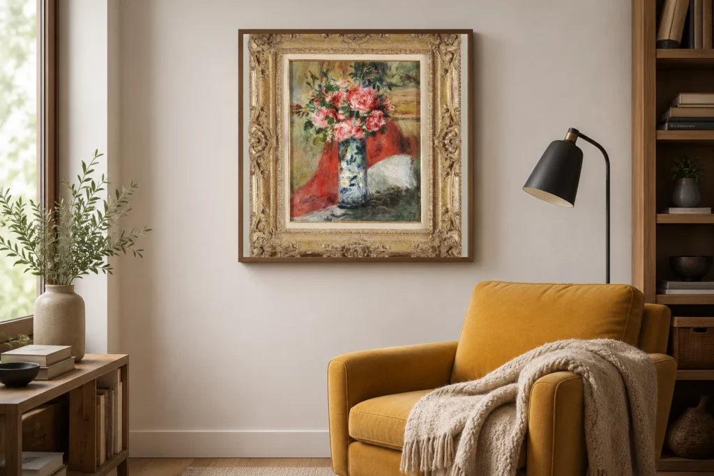 Framed print of Roses and Peonies in a Vase hanging on a wall in a furnished room