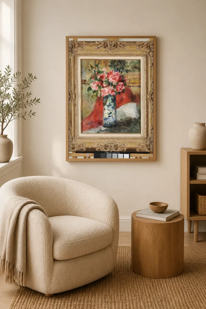 Framed print of Roses and Peonies in a Vase hanging on a wall in a furnished room