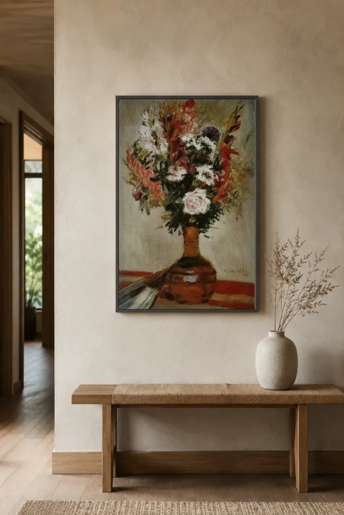 Framed print of Roses in a Vase hanging on a wall in a furnished room