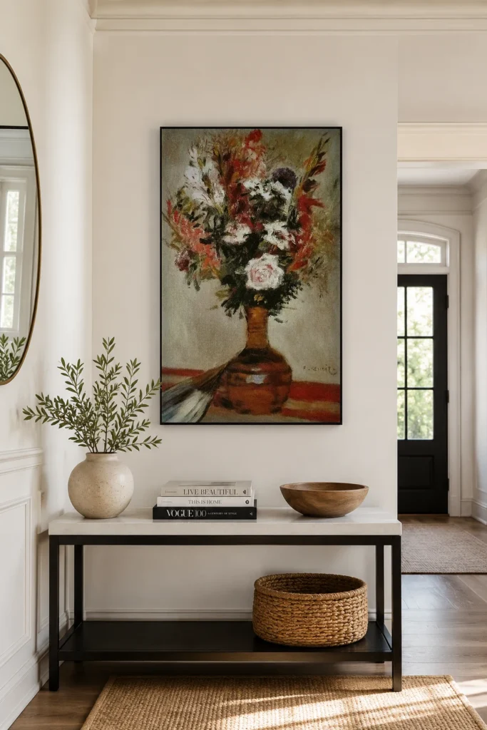 Framed print of Roses in a Vase hanging on a wall in a furnished room