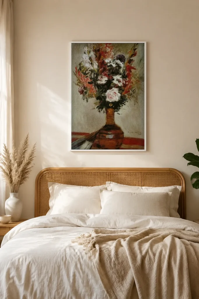 Framed print of Roses in a Vase hanging on a wall in a furnished room