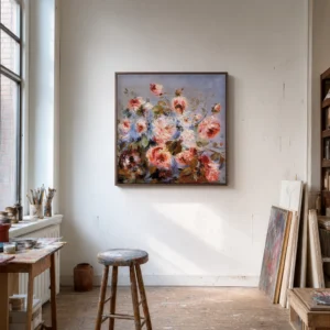 Framed print of Roses of Wargemont hanging on a wall in a furnished room