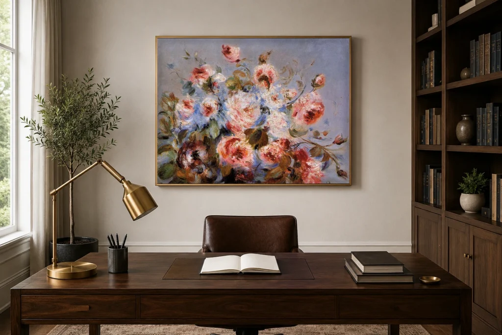 Framed print of Roses of Wargemont hanging on a wall in a furnished room