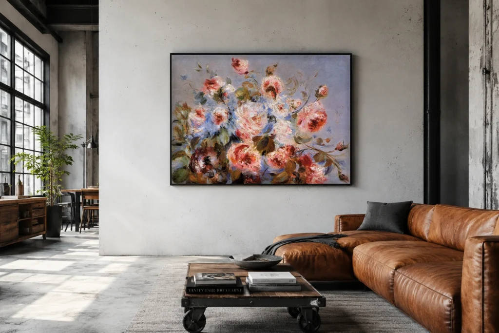 Framed print of Roses of Wargemont hanging on a wall in a furnished room