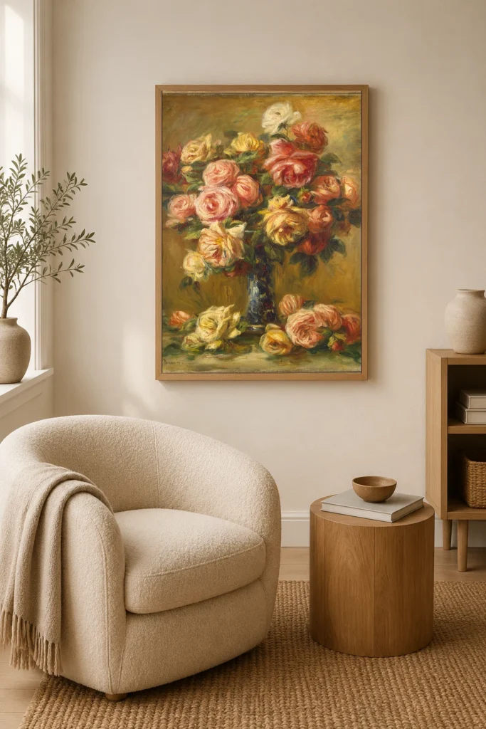 Framed print of Roses in a Vase hanging on a wall in a furnished room