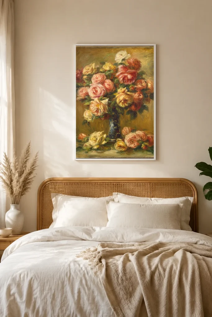 Framed print of Roses in a Vase hanging on a wall in a furnished room